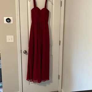 Burgundy bridesmaids long dress. Off the shoulder, ties in back. Only work once